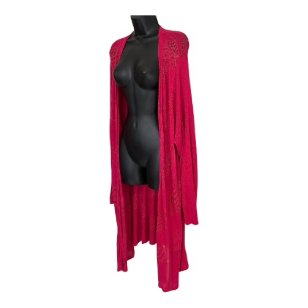 Torried Pointelle Long Open-Front Long Knit Duster Cardigan Raspberry Pink - 4X - Picture 2 of 7